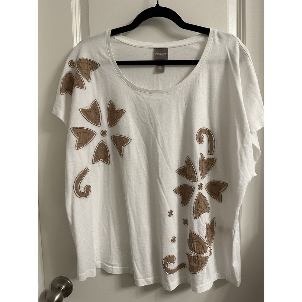 Chico's Floral Cutouts Dolman-Sleeve Tee Size 3 Scoop Neck Short Sleeve White